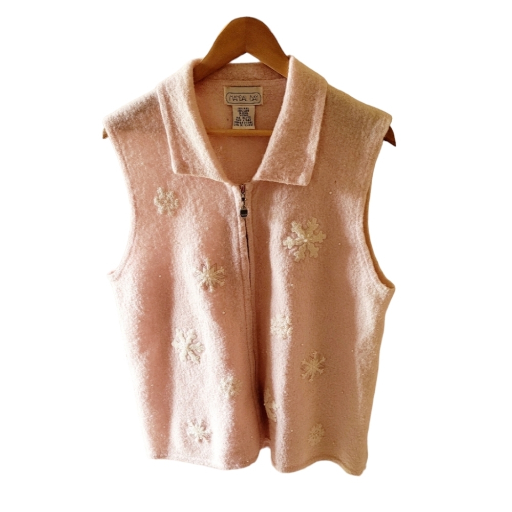 Mandal Bay Pastel Pink Snowflake 100% Wool Vest Vintage Size XL